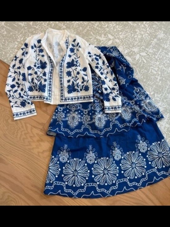 Dresses & Skirts - Blue & White Embroidered Jacket/Blouse and Tiered Skirt Set